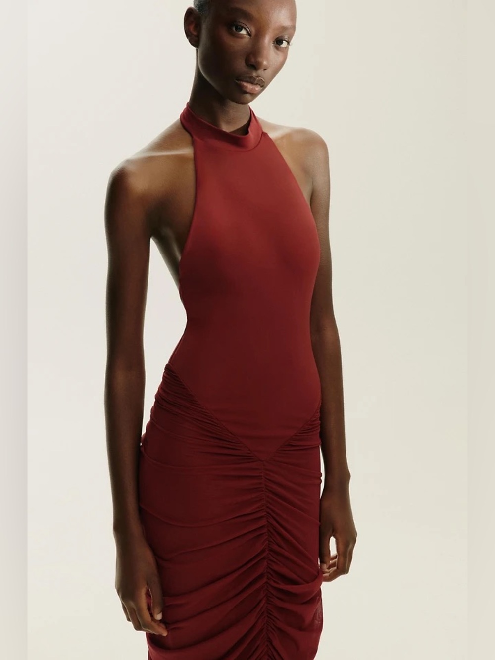 Zara NWOT contrast halter tulle combination dress wine bodycon open back Sculpt - Picture 6 of 12
